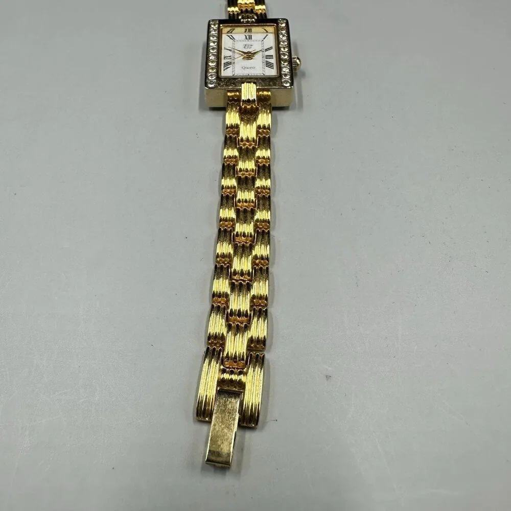 Elizabeth Taylor Watch Women Gold Tone Rectangle Case New Battery 6.75 Inch